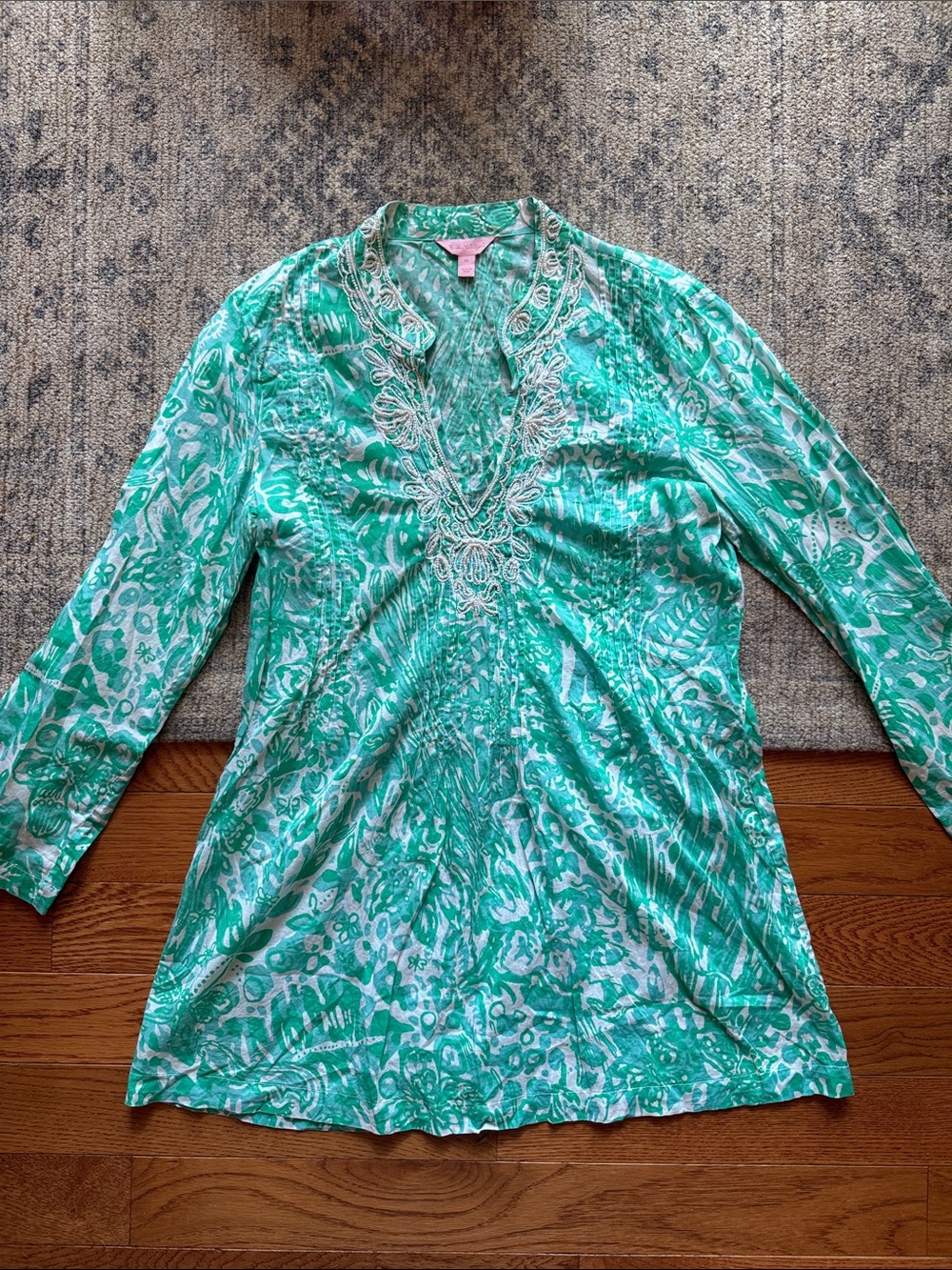 Lilly Pulitzer Green Printed V-Neck Embroidered Tunic